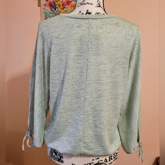 Mint Green Shimmery & Stretchy Lightweight Sweater, 3/4 Tie Sleeve, EUC, L - Picture 6 of 9